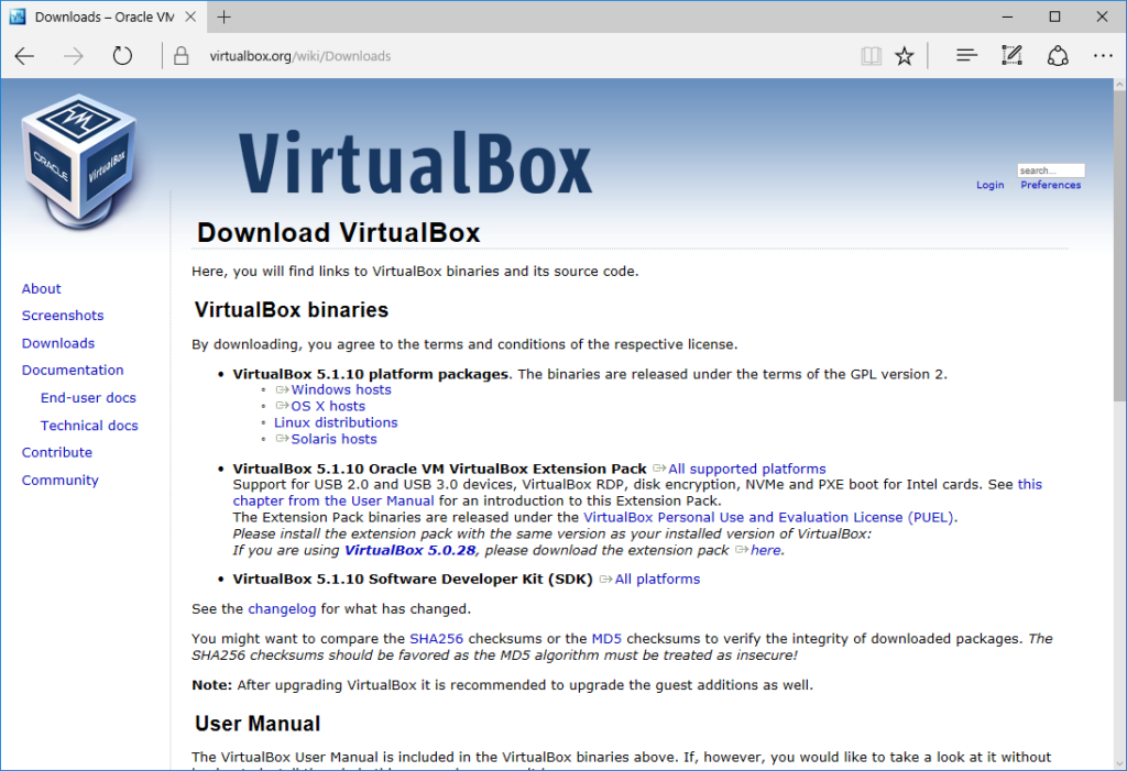 VirtualBoxのダウンロードページ